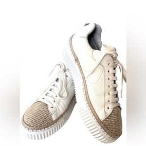VOILE BLANCHE Lipari Sz 41 Leather Raffia Round Toe Wedge Sneakers White and Tan